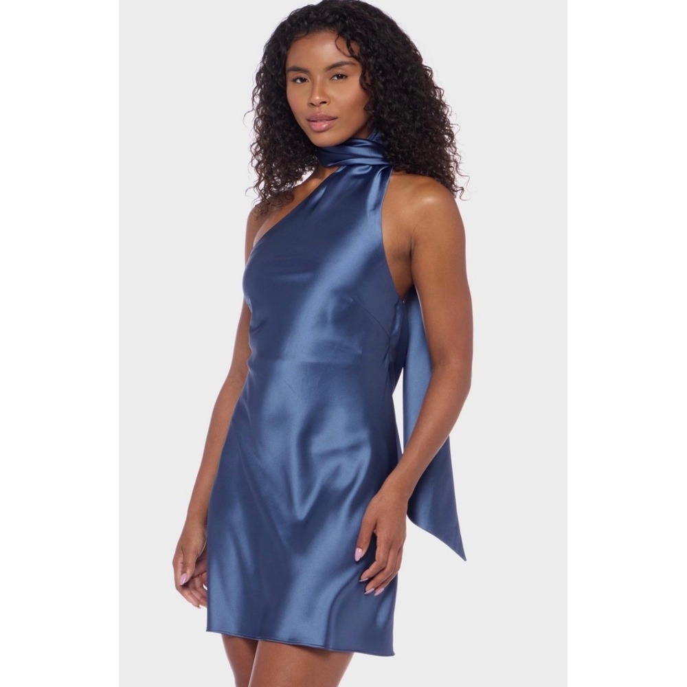 Alex & Sophia Blue Satin One Shoulder Scarf Neck Mini Dress 3/4 NWT 1JCBK75